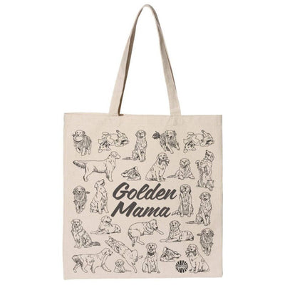 The Sween Shop Golden Mama Cotton Canvas Tote Bag features black line drawings of golden retrievers around “Golden Mama.” This stylish, reusable tote is perfect for Golden Retriever lovers.