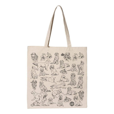The Sween Shop Golden Retriever Canvas Tote Bag is a beige cotton tote with black line drawings of golden retrievers in various poses, arranged in four rows—a stylish, reusable bag perfect for dog lovers.