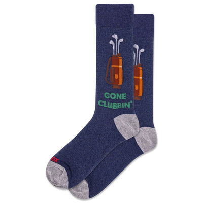 HOTSOX Mens Gone Clubbin Golf Crew Socks feature a blue cotton design with light gray toes and heels, a golf bag graphic, and GONE CLUBBIN in green. Fits mens shoe sizes 6-12.5.