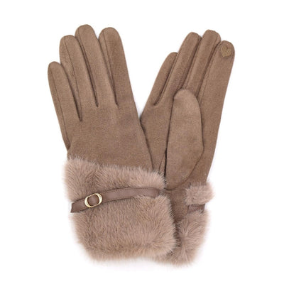 The Judson & Company Gracie Faux Fur Gloves with Buckle feature brown faux suede, vegan leather straps with gold buckles, touch screen compatible fingertips, and faux fur cuffs, shown laid flat on a white background.
