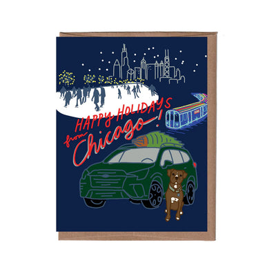 The Chicago Cityscape Greeting Card by La Familia Green features a festive skyline, skaters, train, green car with tree, and a brown dog. “Happy Holidays from Chicago!” is printed in red and white on FSC certified paper.