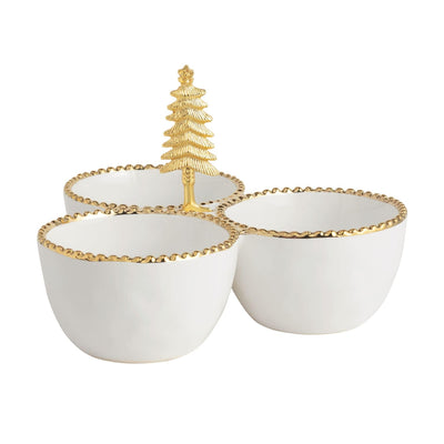The Mud Pie Beaded Tree Triple Dip features three white ceramic bowls with gold beaded rims, connected together and adorned with a decorative gold Christmas tree—perfect for serving holiday treats.