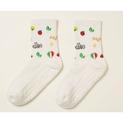 White socks with colorful designs and 'CIAO' text on a beige background