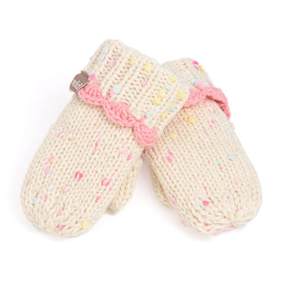 Peppercorn Kids Little Girls Knit Mittens with Lace Trim: cream-colored mittens featuring multicolored confetti speckles and pink scalloped trim, perfect for winter.