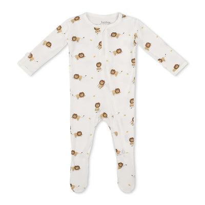 The Bamboo Little Lion Zippered Footie is a white, long-sleeve onesie made from soft bamboo viscose, featuring cute lions with yellow pennants and an asymmetric front zipper for easy dressing. Eco-friendly and gentle for your baby.