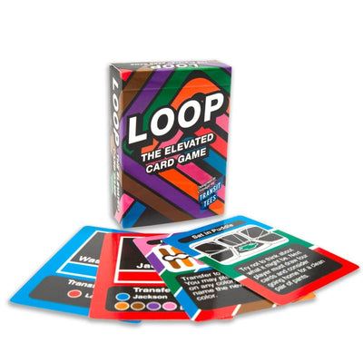 A colorful LOOP: The Elevated Card Game deck box by Transit Tees is pictured with vibrant game cards fanned out, showcasing the unique style, colors, text, and icons of this Chicago card game.
