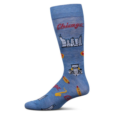 The Men’s Chicago Crew Socks by MeMoi are lightweight, blue, and feature illustrations of a skyline, hotdogs, deep-dish pizzas, and Chicago in red script. Made from moisture-wicking bamboo for stylish comfort.