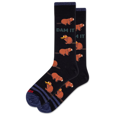 HOTSOX Mens Dam It Beavers Crew Socks feature black cotton with cartoon beavers, DAM IT text, blue stripes on the toes, and blue heel and cuff. Fits mens shoe size 6-12.5.