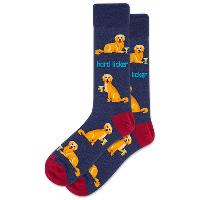 HOTSOX Mens Hard Licker Dog Crew Socks feature playful golden retrievers with martini glasses, “hard licker” text in blue, red toes and heels. Made from cotton, they fit mens size 6-12.5 and are navy blue.