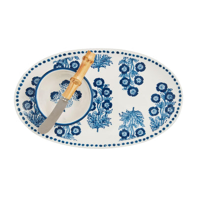 blue and white block print tray and tidbit set