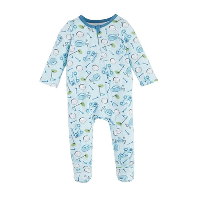 The Boy Bamboo Golf Sleeper by Mud Pie is a light blue footed sleeper made from soft bamboo viscose, featuring long sleeves and a playful golf-themed pattern of clubs, balls, and tees in green and blue accents.