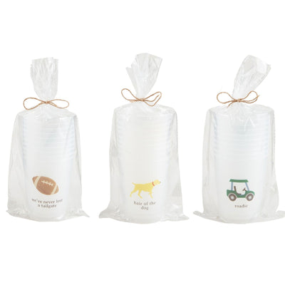 Mud Pie Party Cup Sets: three sets of 10 frosted 16 oz plastic cups, each featuring a unique design—football, yellow dog, or green golf cart—and matching phrase. Each set is wrapped in a clear bag tied with twine.