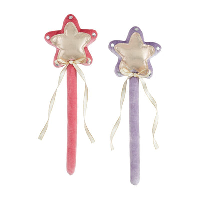 Two Magic Wands by Mud Pie, one in pink and the other in purple velvet shimmer, each featuring a gold star, metallic rim, and embellished with ribbon bows.