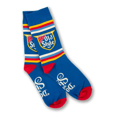 Blue socks with red and yellow accents featuring 'Old Style' branding on a white background.