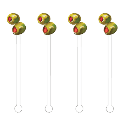 Green Olives Acrylic Stir Sticks by XO ACRYLICS | ACRYLIC STICKS—set of four picks, each with two acrylic green olives stuffed with red pimentos, ideal for elevating your cocktail accessories collection.