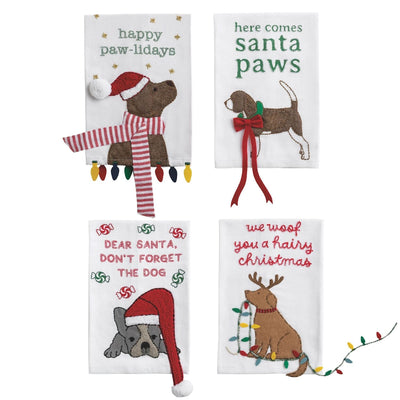 Christmas-themed dog-themed towels with text and illustrations on a white background.