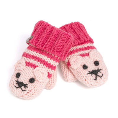 Peppercorn Kids Pink Knit Stripe Cat Mittens feature playful stripes and cat faces with ears, eyes, nose, and whiskers. These cozy mittens are soft, adorable, and perfect for keeping kids warm on chilly days.