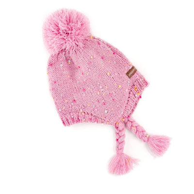 Pink knitted hat with a pom-pom and braided tassel on a white background