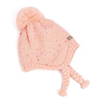 The Peppercorn Kids Girls Speckled Knit Winter Hat with Braids features a pink fleece lining, colorful speckles, earflaps for warmth, a large top pom-pom, and playful braided tassels finished with pom-poms.