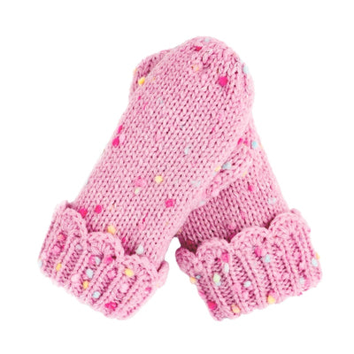 Pink knitted mittens with colorful dots on a white background