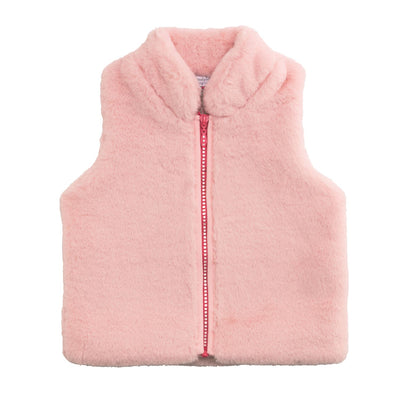 The Mud Pie Faux Fur Zip Vest is a sleeveless, light pink vest with a stand-up collar, front zipper closure, and a soft gingham-lined interior for comfort.
