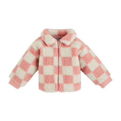 The Mud Pie Pink Check Sherpa Jacket features a pink and white check pattern, fluffy texture, long sleeves, a collar, front zipper closure, and soft polyester lining for comfort.