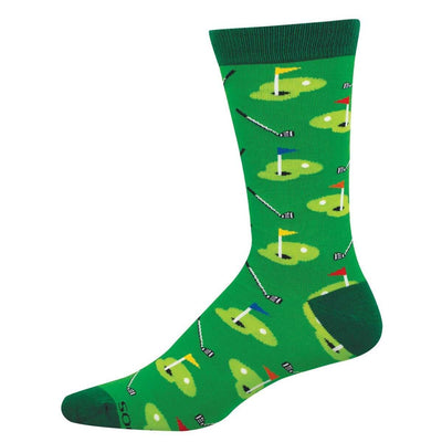 Socksmith’s Pitch and Putt Mens Socks are green bamboo socks with golf holes, yellow flags, and clubs. Hypoallergenic and antibacterial, they feature darker green heels and toes for added style.