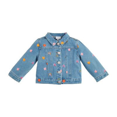 The Mud Pie Rainbow & Flower Denim Jacket for children is a light blue denim piece with a classic collar, long sleeves, and a button-up front featuring shank buttons. It boasts colorful embroidery of rainbows, hearts, and flowers, adding a playful touch to this delightful design.