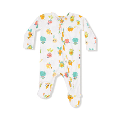 The Crunch Munch Veggie Sports Two-Way Zipper Footie by Angel Dear is a white bamboo baby footie with long sleeves, colorful cartoon veggies, a diagonal two-way zipper from neck to leg, and a soft zipper guard for comfort.