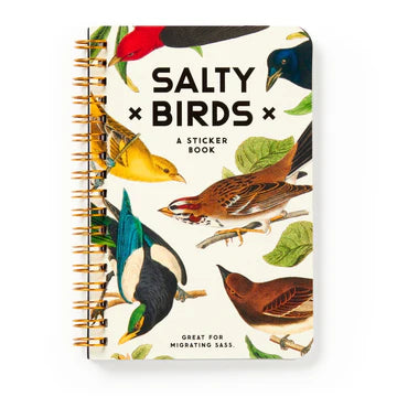 The Salty Birds Sticker Book by Chronicle Books is a spiral-bound adult sticker book with colorful birds and green leaves on the cover—great for migrating sass and perfect for fans of funny oversized stickers.
