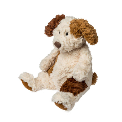 The Mary Meyer Snuggables Pup plush toy, with cream fur, brown ears, brown patches on its paws and eyes, and a brown tail, sits upright on a white background—perfect for sensory play and cozy cuddles.
