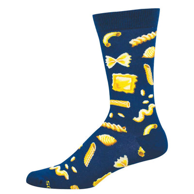Socksmiths Hasta La Pasta Mens Socks are blue bamboo socks decorated with a vibrant mix of bowtie, penne, macaroni, and fusilli pasta shapes.