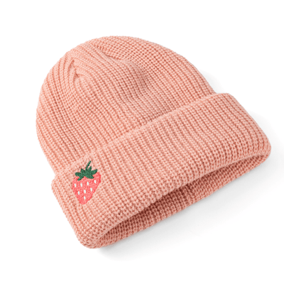 Pink knit beanie with a strawberry embroidery on a white background