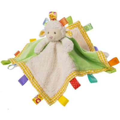 lamb blanket with multicolor tags and gingham boarder