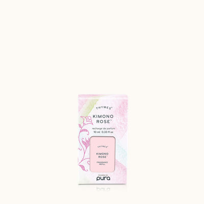 A pastel box of Kimono Rose Pura Diffuser Refill by Thymes features floral and geometric designs. Its a 10 ml (0.33 fl oz) perfume refill labeled with the Pura Smart Home Diffuser logo at the bottom.