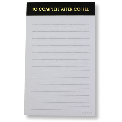 Chez Gagnés notepad, To Complete After Coffee - Lined Notepad - Perforated Sheets - Black, features a gold foil heading on a black background with thick paper and multiple lines for your tasks or notes.