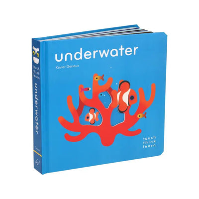 Touch Think Learn: Underwater by Chronicle Books is a hands-on childrens book with a bright blue cover and colorful fish around red coral, perfect for ocean-themed learning and sensory exploration.