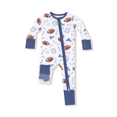 The Touchdown Time Two-Way Zipper Romper by Angel Dear features a football-themed print, blue zipper and cuffs, and a blue leg cuff and pocket with white polka dots. Perfect as cozy baby sleepwear.