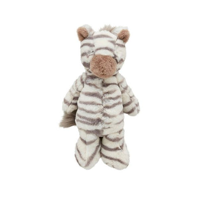 The Mud Pie Zebra Plush features soft faux fur in light brown and white stripes, a round brown nose, brown-tipped ears, fluffy tail, weighted seat for stability, and stands upright against a plain white background.