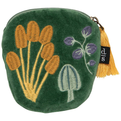 Green pouch with embroidered floral designs and a yellow tassel on a white background