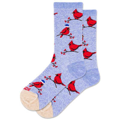 Light blue socks with red cardinal bird design on a white background