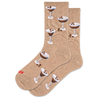 Beige socks with cocktail glass designs on a white background