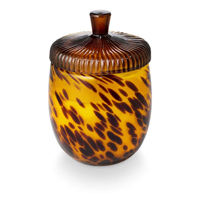 The Illume Candles Woodfire Glass Acorn Candle features a smoky cedar scent and vegan wax in a round, glossy jar with a ribbed dark amber lid and tortoiseshell pattern in yellow, brown, and black.