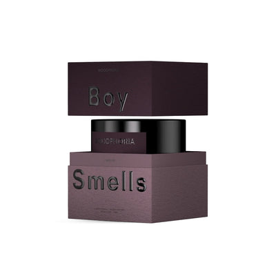 A dark purple Boy Smells Woodphoria Hero Candle box is split open to reveal the sleek black candle inside, evoking hints of sandalwood and creamy fig, all set against a plain white background.