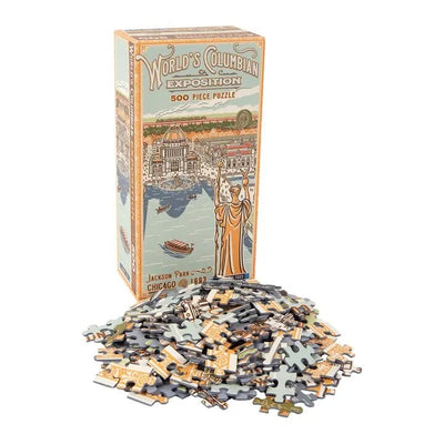 The Worlds Columbian Exposition 500 Piece Puzzle by Transit Tees invites you to recreate the grandeur of the 1893 Chicago Worlds Fair, complete with iconic landmarks like the Golden Lady, using its muted-color pieces.