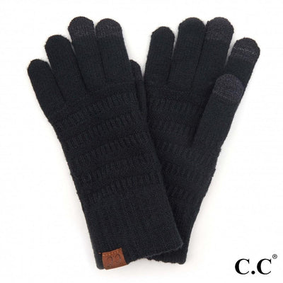 Solid Ribbed Knit Smart Touch Gloves by CC Beanie from Judson & Company: Black, one-size, ribbed acrylic/polyester/nylon gloves with dark gray touchscreen tips on thumb, index, and middle fingers, plus a small brown tag and C.C logo at the wrist.