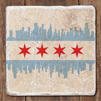 The Black Angel Designs Chicago Skyline Flag Marble Coaster showcases four red stars and a blue skyline on light blue stripes, set against a textured beige travertine background for a unique finish.