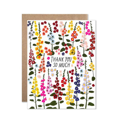 thank you card with hollyhock flowers