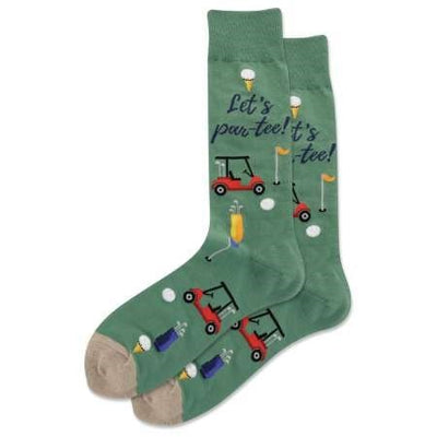 The Mens Lets Par-tee Golf Crew Socks by HOTSOX are made from a soft cotton-polyester blend, featuring golf-themed designs like carts, clubs, tees, and balls with beige toes and playful blue Lets par tee! Its tee! text. Ideal for jazzing up any mens shoe collection.